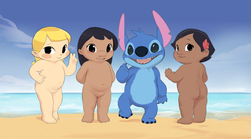 alien aryll baby beach blush butt child claws cloud disney feet felynart group hi_res human lilo_and_stitch lilo_pelekai looking_at_viewer mammal moana moana_waialiki navel nude open_mouth sand sea seaside sky smile standing stitch_(lilo_and_stitch) teeth tongue water young