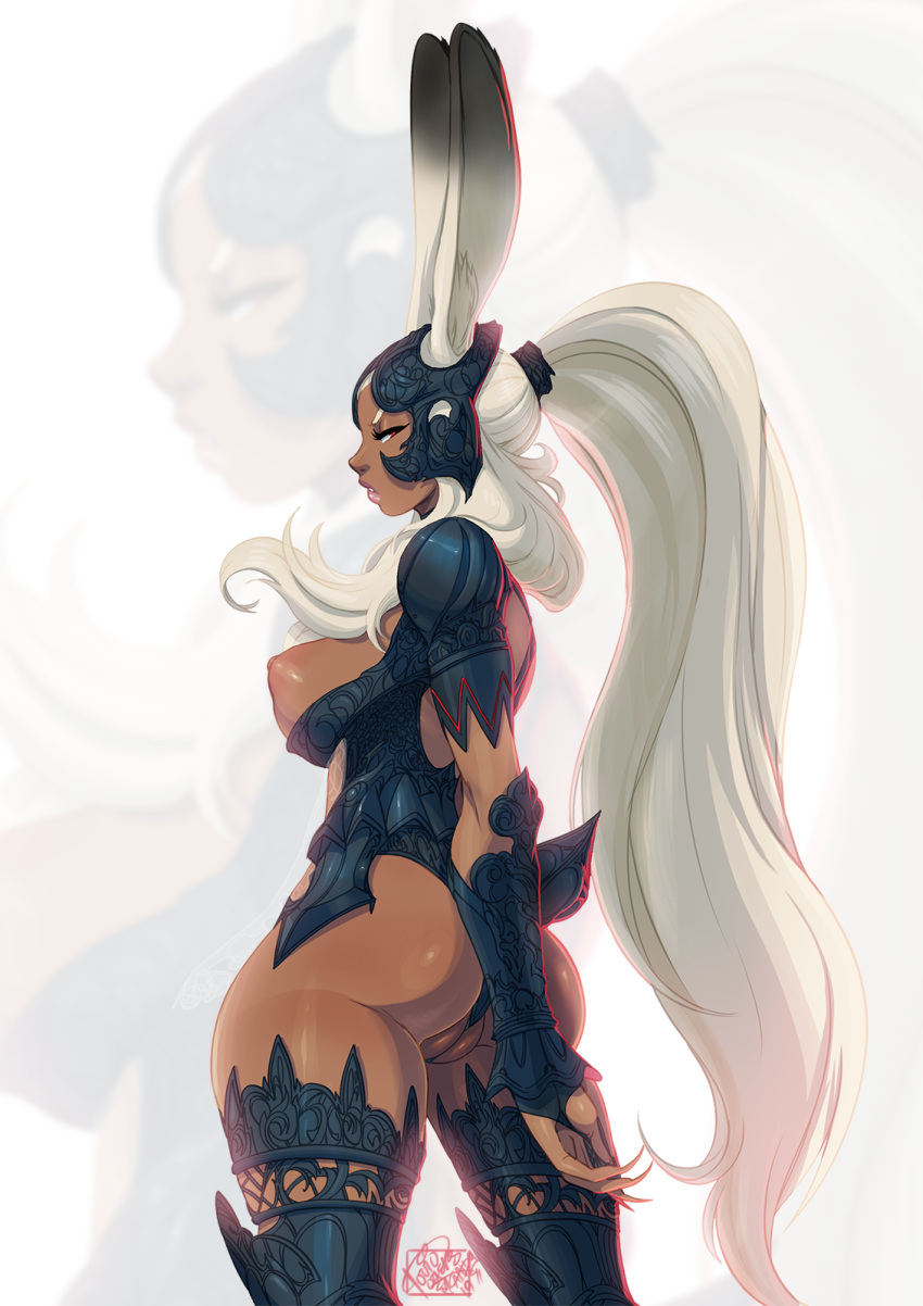 animal_humanoid armor big_breasts breasts camel_toe dark_skin female final_fantasy final_fantasy_xii fran hair hi_res humanoid lagomorph lagomorph_humanoid leporid_humanoid looking_at_viewer mammal mammal_humanoid nipples pussy rabbit_humanoid side_view square_enix thick_thighs tovio_rogers video_games viera white_hair