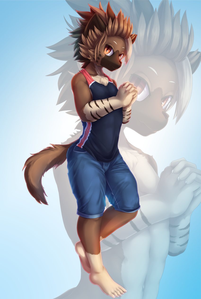 athletic clothed clothing girokemo hi_res hyaenid male mammal shirt solo tank_top teenager topless topwear young