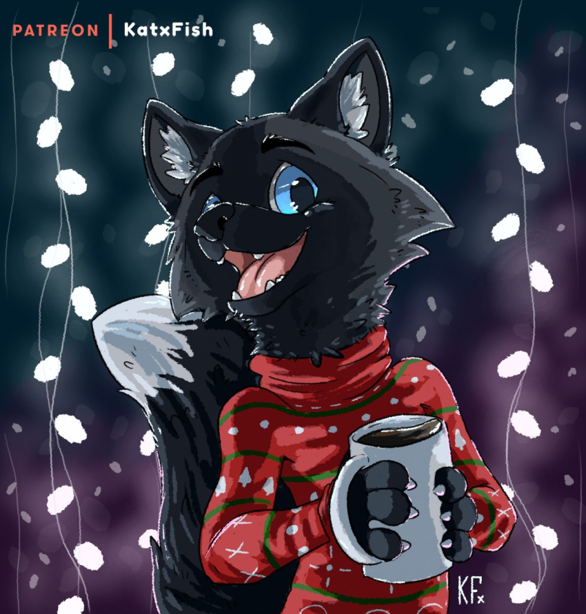 2019 4_fingers anthro black_body black_fur blue_eyes canid canine christmas christmas_sweater clothed clothing cup digital_media_(artwork) fingers fox fur grey_body grey_fur hi_res holidays katxfish looking_at_viewer male mammal multicolored_body multicolored_clothing multicolored_fur open_mouth red_clothing red_fox red_sweater red_topwear silver_fox simple_background smile solo spike_(disambiguation) spike_(spikehidden) standing sweater tongue topwear two_tone_clothing white_body white_fur