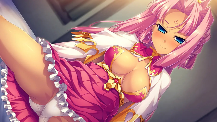 1girl arms_behind_back ass blue_eyes blush breasts cape cleavage dark_skin dress facial_mark forehead_mark game_cg hikage_eiji koihime_musou long_hair naughty_face no_bra panties pink_hair ponytail red_dress short_dress sitting smile solo sonken spread_legs strapless strapless_dress suzukuri_karin-chan thighs underwear white_cape white_panties