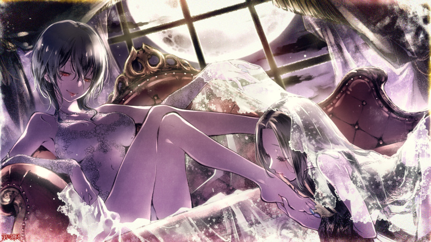 2girls barefoot black_hair blue_nails breasts closed_eyes couch crossed_legs dairoku_youhei dutch_angle foot_kiss full_moon highres kneeling knees_up large_breasts long_hair looking_at_another medium_hair moon multiple_girls night no_nm_00 red_eyes see-through sitting veil watermark window yuri