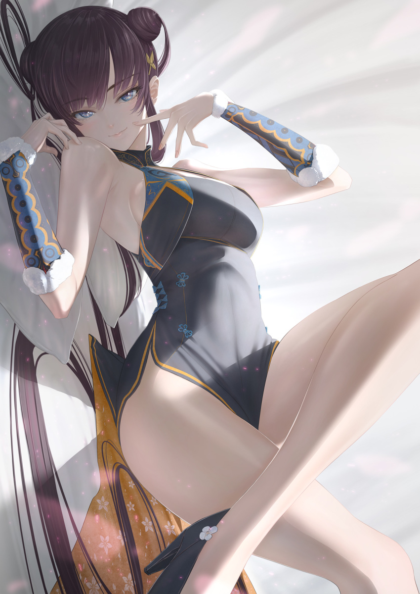 1girl bangs bare_shoulders blue_eyes blush china_dress chinese_clothes closed_mouth commentary_request crossed_legs dress eyebrows_visible_through_hair fate/grand_order fate_(series) fingernails fur_trim hair_bun hair_ornament hairclip high_heels highres imizu_(nitro_unknown) lips long_hair looking_at_viewer lying on_back purple_hair shiny shiny_hair short_dress sidelocks simple_background sleeveless sleeveless_dress smile solo thighs tied_hair very_long_hair yang_guifei_(fate/grand_order)