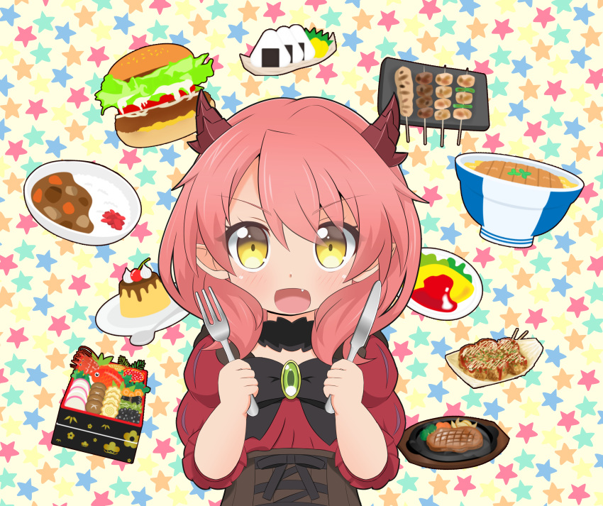 1girl absurdres arms_up black_choker black_neckwear blush bow bowl bowtie brooch chibi choker commentary_request curry curry_rice dragon_horns eyebrows_visible_through_hair fafnir_guildmelag_linda_blair_hanako fang food fork hair_between_eyes hamburger highres holding holding_fork holding_knife horns jewelry juliet_sleeves katsudon_(food) kemonomichi knife long_sleeves looking_at_viewer mogumin_(ryoma0509) obentou omurice onigiri open_mouth osechi pink_hair plate pudding puffy_sleeves red_shirt rice shirt short_hair solo standing star starry_background steak takoyaki underbust upper_body yakitori yellow_background yellow_eyes