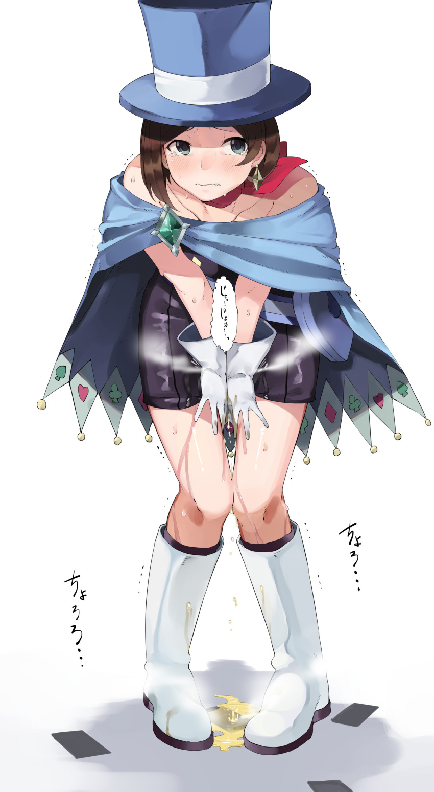 1girl absurdres aqua_eyes bad_id bad_twitter_id bandana bare_shoulders black_dress black_legwear blue_cape blue_headwear blush boots brown_hair cape card clenched_teeth collarbone crystal dress embarrassed full_body gloves gyakuten_saiban gyakuten_saiban_4 hands_together hat have_to_pee highres jewelry knee_boots kneehighs knees_together_feet_apart kurutsuki leaning_forward looking_away looking_to_the_side naruhodou_minuki nose_blush parted_lips peeing peeing_self pigeon-toed playing_card puddle red_neckwear shiny shiny_clothes shiny_hair shiny_skin short_hair simple_background single_earring solo standing steam strapless strapless_dress sweat tears teeth thigh_gap top_hat translation_request trembling v_arms white_background white_footwear white_gloves