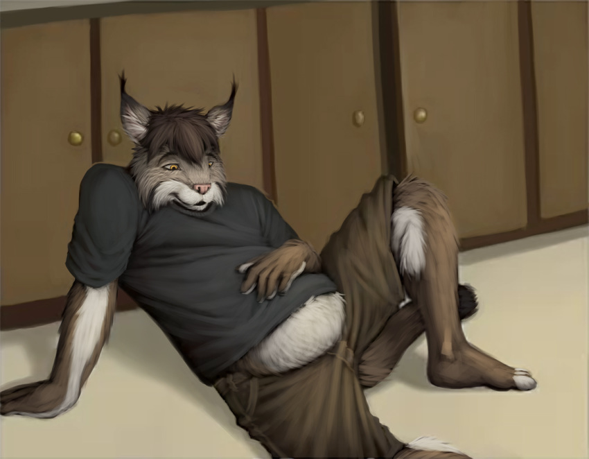 anthro arm_support belly brown_body brown_fur brown_hair clothed clothing felid feline fur hair hand_on_stomach inside lynx male mammal reclining smile solo sugarboy tach_(tach0012) weight_gain