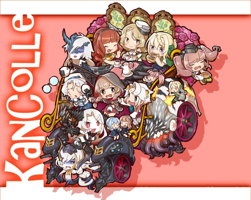 6+girls :3 absurdres air_defense_cruiser_hime akishimo_(kantai_collection) anchor_hair_ornament animal atlanta_(kantai_collection) autumn_leaves batavia_hime belt blonde_hair blue_hair blush braid breasts brown_belt brown_eyes brown_hair capelet chair chaki_(teasets) chibi closed_eyes commentary_request crack cup de_ruyter_(kantai_collection) drooling eating eyebrows_visible_through_hair fairy_(kantai_collection) fang food frown garrison_cap glasses gloves gotland_(kantai_collection) gradient_hair ground_vehicle hair_ornament hair_ribbon hamburger hat headgear highres hirato_(kantai_collection) holding holding_food hood hooded_capelet horn houston_(kantai_collection) kantai_collection koala leaf_hair_ornament long_hair long_sleeves multicolored_hair multiple_girls nautilus_(animal) ne-class_heavy_cruiser onigiri open_mouth partly_fingerless_gloves perth_(kantai_collection) purple_eyes red_eyes red_ribbon ribbon shinkaisei-kan shinshuu_maru_(kantai_collection) short_hair silver_hair sitting smile spikes tea tea_set teacup teapot translation_request twin_braids two_side_up vehicle wheel white_hair white_skin