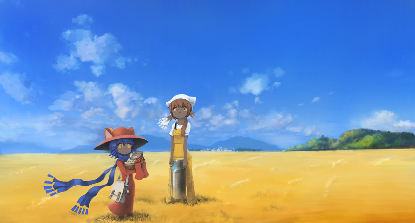 ambiguous_gender blue_hair blue_scarf blue_sky clothed clothing cloud day dice duo felid feline fully_clothed hair hat headgear headwear hi_res holding_object looking_at_viewer mammal niko_(oneshot) oneshot sky tedamairo video_games white_clothing yellow_clothing