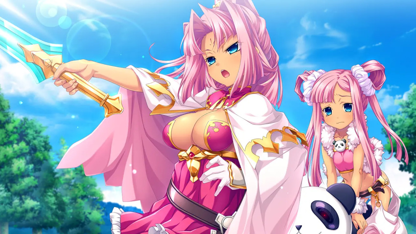 2girls arm_up bandeau belt blue_eyes breasts cape chaps cleavage cloud dress fur_trim game_cg gloves hair_intakes hikage_eiji koihime_musou large_breasts long_hair multiple_girls no_bra open_mouth outdoors outstretched_arm panda panties ponytail red_dress riding robot scrunchie short_dress shouting siblings single_glove sisters sky sonken sonshoukou strapless strapless_dress striped striped_panties suzukuri_karin-chan sword twintails underwear very_long_hair vest weapon white_cape white_gloves