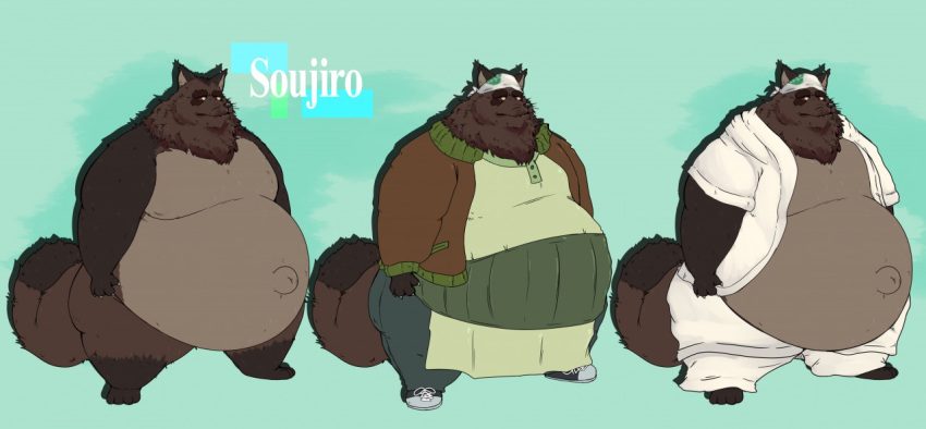 anthro bandanna belly big_belly brown_body brown_fur canid canine claws clothed clothing fur mabiki male mammal moobs multiple_versions navel nude obese obese_male off/on open_shirt outie_navel overweight overweight_male raccoon_dog shirt solo standing tanuki thick_thighs topwear