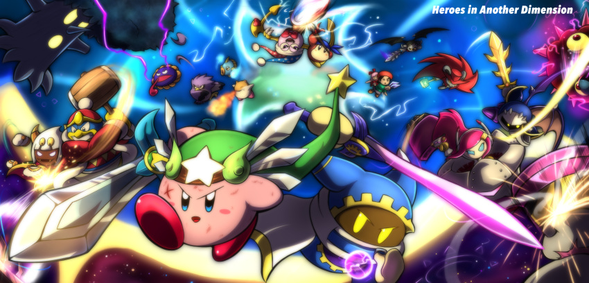 adeleine armor bandana bandanna breathing_fire cape clenched_teeth commentary_request coo_(kirby) dark_meta_knight daroach ddddndn dirty electricity energy_ball everyone fire flying galaxia_(sword) glowing glowing_eyes gooey gun hammer hat highres kine_(kirby) king_dedede kirby kirby:_star_allies kirby_(series) kracko magolor marx mask mecha meta_knight nintendo open_mouth polearm ribbon_(kirby) rick_(kirby) scar space spear susie_(kirby) sword taranza teeth tongue tongue_out top_hat waddle_dee wand weapon whispy_woods