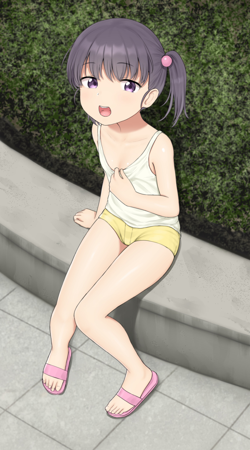 1girl absurdres black_hair commentary_request flat_chest hair_bobbles hair_ornament highres legs long_hair looking_at_viewer naughty_face nyarukac open_mouth original outdoors pulled_by_self purple_eyes sandals shirt_pull short_shorts shorts side_ponytail sitting solo tank_top thighs toes wall white_tank_top yellow_shorts