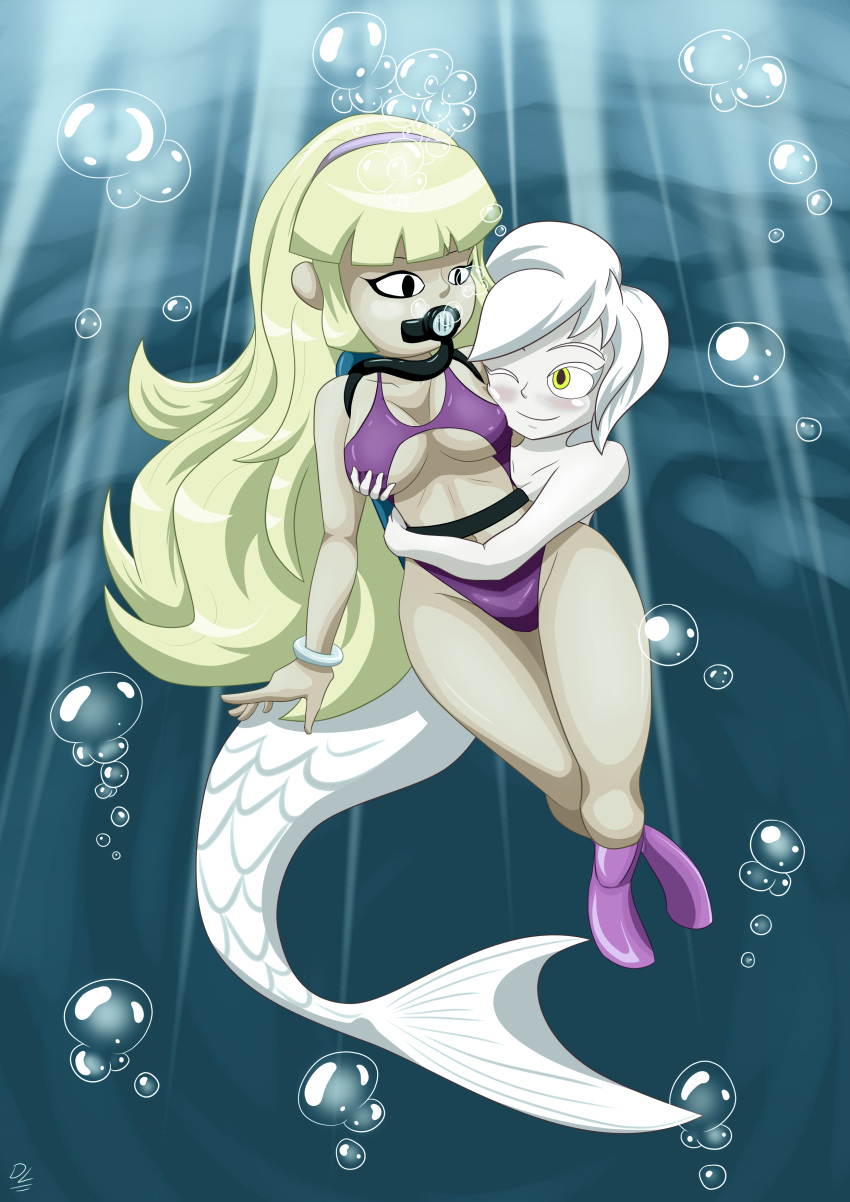 absurd_res accessory blonde_hair breasts bubble cave clothing couple_(disambiguation) crossgender delirium_(tboi) disney duo female glowing glowing_eyes gravity_falls grope hair hair_accessory hairband hi_res human long_hair mammal marine medium_breasts merfolk pacifica_northwest scales scuba_gear sea short_hair smile swimming swimwear tanned the_binding_of_isaac_(series) underwater unknownlewder video_games water white_body white_hair white_skin yellow_eyes