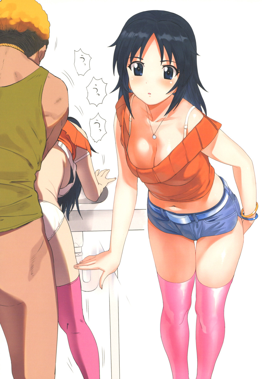 1boy 1girl a1 absurdres ass black_hair blue_eyes blush bra_strap breasts cleavage collarbone denim denim_shorts feet_out_of_frame girls_und_panzer highres implied_sex jewelry large_breasts long_hair looking_at_viewer midriff multiple_views navel necklace open_mouth orange_sweater panties pink_legwear scan shiny shiny_hair shiny_skin short_shorts shorts simple_background standing sweater thighhighs underwear white_background yamagou_ayumi