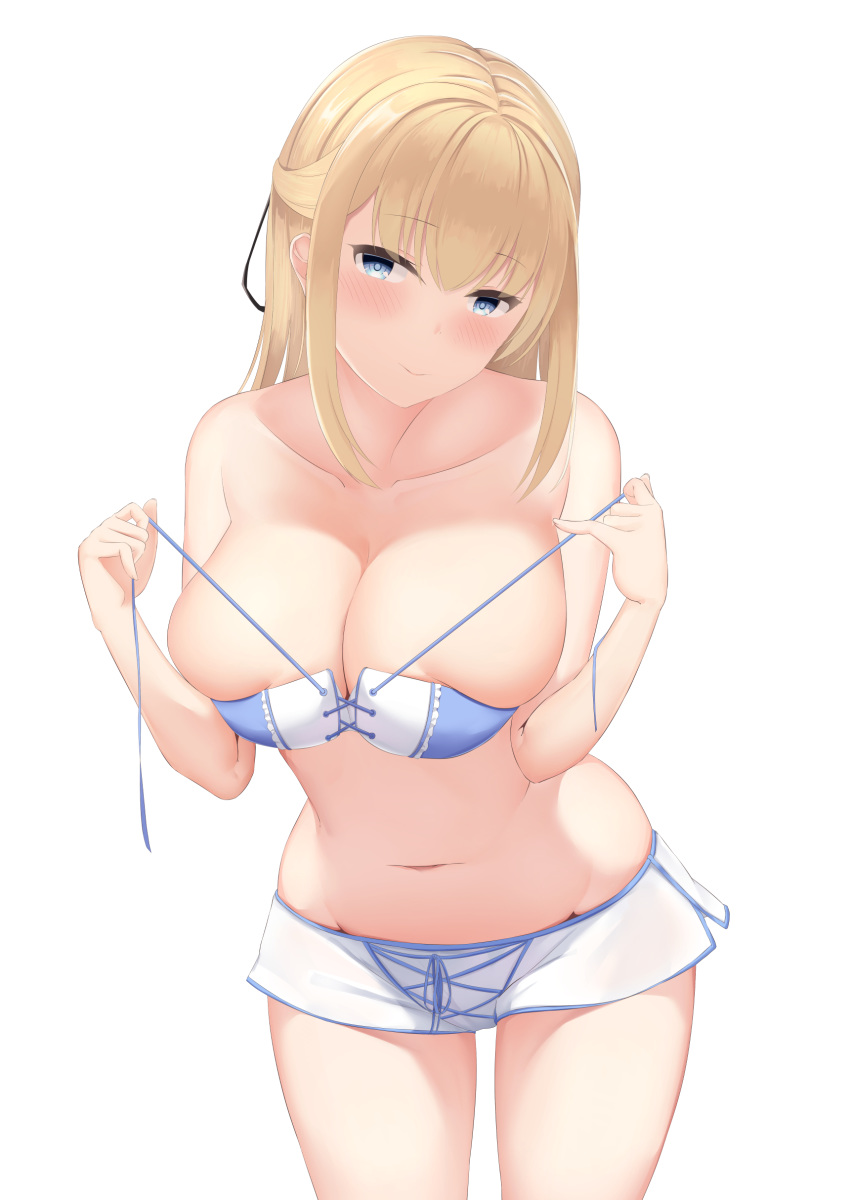1girl absurdres bangs bikini blonde_hair blue_bikini_top blue_eyes blush boyshorts breasts bursting_breasts cleavage closed_mouth commentary_request cowboy_shot eyebrows_visible_through_hair head_tilt highres kanade_pa large_breasts leaning_forward navel original shorts sidelocks simple_background skindentation smile solo stomach swimsuit untied untied_bikini white_background white_shorts