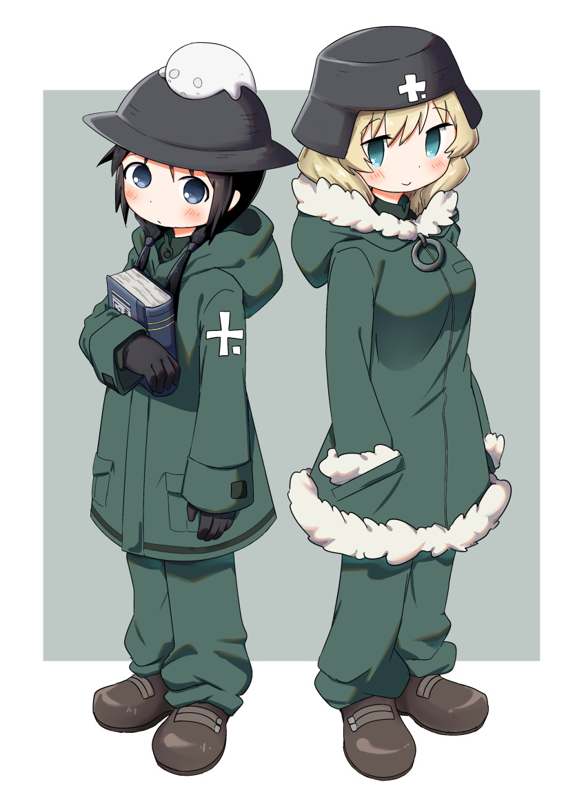 2girls absurdres animal animal_on_head black_hair blonde_hair blue_eyes blush book boots brodie_helmet brown_footwear chito_(shoujo_shuumatsu_ryokou) fur-trimmed_jacket fur_trim green_background green_coat green_pants hands_in_pockets helmet highres holding holding_book jacket low_twintails military military_jacket military_uniform multiple_girls ngetyan nuko_(shoujo_shuumatsu_ryokou) on_head pants shoujo_shuumatsu_ryokou stahlhelm twintails uniform yuuri_(shoujo_shuumatsu_ryokou)