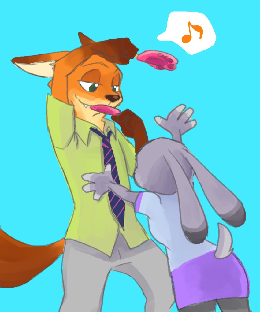 2018 anthro blue_background bottomwear canid canine clothed clothing disney duo eating food fox fully_clothed fur gloves_(marking) grey_body grey_fur hi_res holding_food holding_object judy_hopps lagomorph leporid m_it mammal markings musical_note necktie nick_wilde orange_body orange_fur pants pawpsicle popsicle rabbit reaching red_fox shirt simple_background topwear zootopia