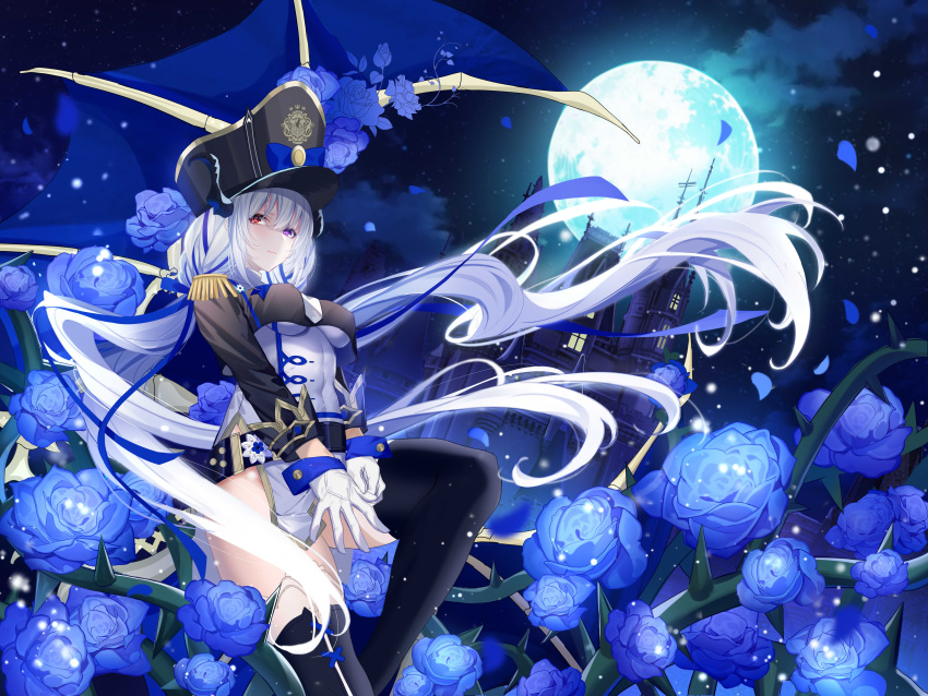 1girl absurdres belt black_headwear black_legwear blue_flower blue_ribbon breasts epaulettes flower gloves hair_ribbon hat heterochromia highres long_hair long_sleeves low_twintails mansion medium_breasts military_hat moon night night_sky official_art original outdoors pei_er_xia purple_eyes red_eyes ribbon sky solo thighhighs thorns twintails white_gloves white_hair