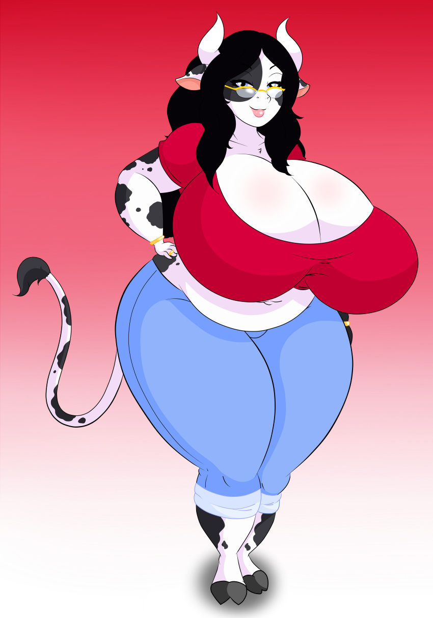 absurd_res big_breasts bottomwear bovid bovine breasts cattle clothing cowmom elizabeth_rose eyewear female giant_boobs glasses hi_res huge_breasts jeans mammal mature_female mexican mother overweight pants parent shirt slightly slightly_chubby sonatadragon topwear