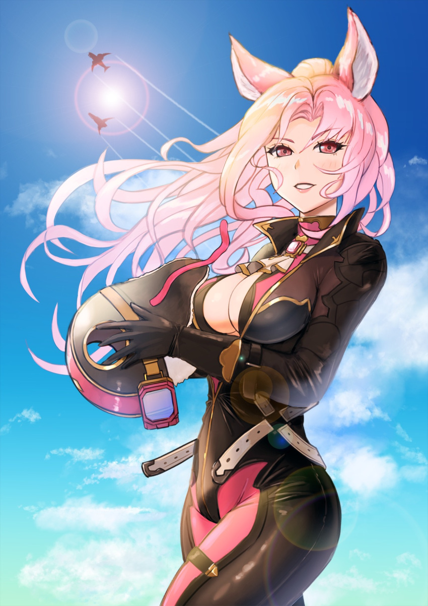 1girl animal_ears black_gloves blue_skirt bodysuit breasts caitlyn0104 catherine_(granblue_fantasy) cleavage cloud cowboy_shot floating_hair fox_ears gloves granblue_fantasy grin helmet highres holding holding_helmet lens_flare long_hair looking_at_viewer medium_breasts pink_eyes pink_hair shiny shiny_hair skirt smile solo standing very_long_hair