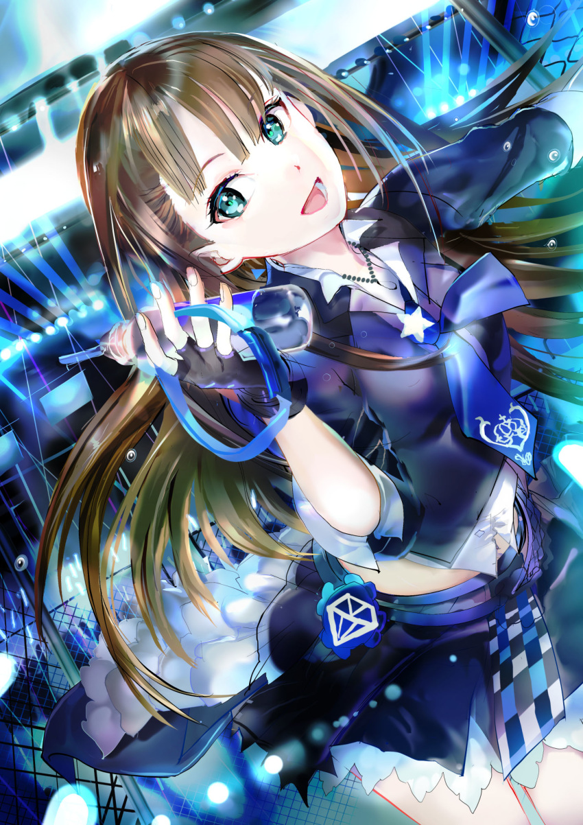 119 1girl :d bangs black_gloves black_jacket bottle brown_hair cowboy_shot fingerless_gloves floating_hair gloves green_eyes highres holding holding_bottle idolmaster idolmaster_cinderella_girls jacket jewelry long_hair looking_at_viewer midriff miniskirt necklace next_frontier open_mouth shibuya_rin shiny shiny_hair shirt short_sleeves skirt smile solo stage standing very_long_hair white_shirt