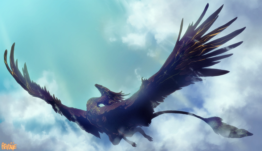 2020 ambiguous_gender black_body black_feathers day detailed_background digital_media_(artwork) dragon feathered_dragon feathered_wings feathers feral flying hi_res outside ravoilie sky solo wings wyvern