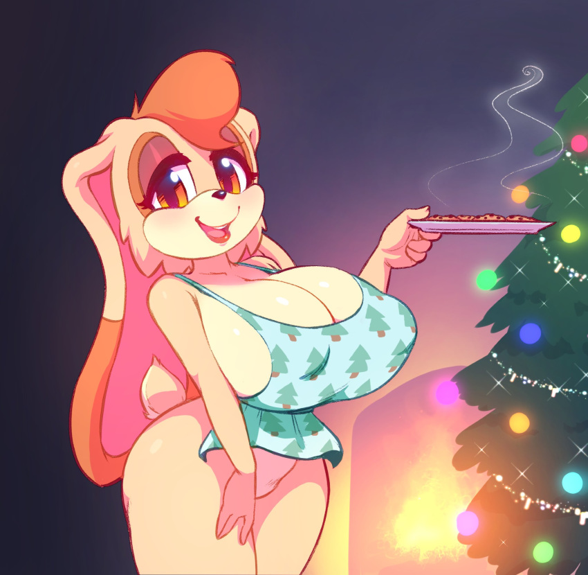 apron apron_only big_breasts breasts christmas christmas_tree clothing cookie female food hi_res holidays lagomorph leporid looking_at_viewer mammal mature_female mostly_nude nitro open_mouth plate rabbit smile solo sonic_the_hedgehog_(series) steam thick_thighs tree vanilla_the_rabbit wide_hips