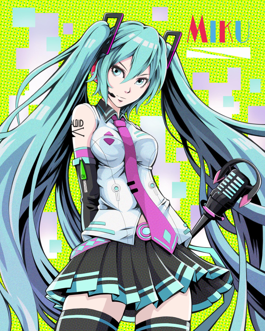 1girl aqua_eyes aqua_hair arms_behind_back belt belt_buckle black_legwear black_skirt breasts buckle detached_sleeves green_background hair_between_eyes hatsune_miku headset highres impossible_clothes impossible_shirt long_hair loose_belt medium_breasts microphone microphone_stand necktie pink_neckwear pleated_skirt polka_dot shirt shoulder_tattoo skirt solo tattoo thighhighs to-ru twintails very_long_hair vocaloid wireless zettai_ryouiki