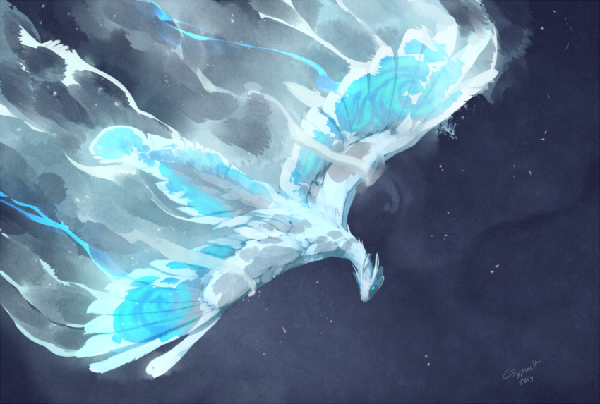 2019 ambiguous_gender digital_media_(artwork) dragon feathered_wings feathers feral flying fur furred_dragon grypwolf solo white_body white_fur wings wyvern