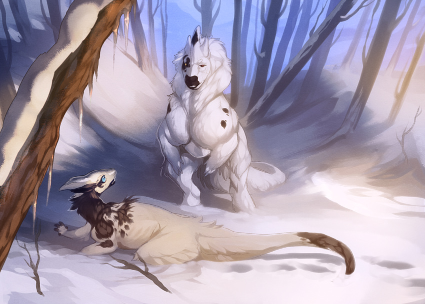 2020 blue_eyes day detailed_background digital_media_(artwork) duo feral forest fur grypwolf kukuri outside snow standing tan_body tan_fur tree white_body white_fur