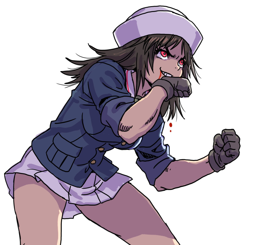 1girl alternate_eye_color bangs black_eyes black_gloves black_hair blood blood_from_mouth blue_jacket clenched_hands commentary cowboy_shot dixie_cup_hat girls_und_panzer gloves grin hat highres jacket leaning_forward long_hair long_sleeves military military_hat military_uniform miniskirt murakami_(girls_und_panzer) muscle muscular_female ooarai_military_uniform pleated_skirt red_eyes simple_background skirt sleeves_rolled_up smile solo uniform white_background white_headwear white_skirt wiping_mouth yamashita_shun'ya