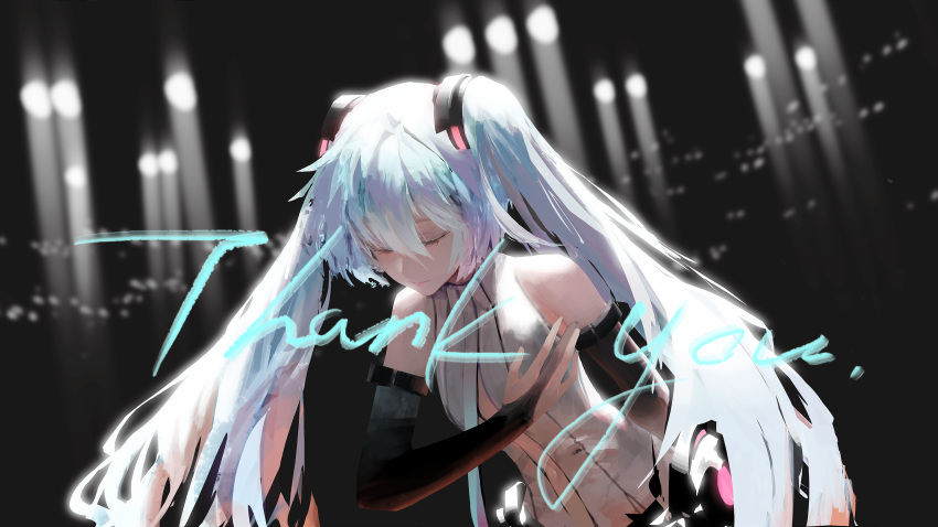 1girl absurdres arm_behind_back backlighting bare_shoulders black_sleeves blue_hair bowing bridal_gauntlets closed_eyes commentary detached_sleeves english_text hair_ornament hand_on_own_chest hatsune_miku hatsune_miku_(append) highres leaning_forward lips long_hair navel navel_cutout rsef shirt sleeveless sleeveless_shirt solo spotlight thank_you twintails upper_body very_long_hair vocaloid vocaloid_append