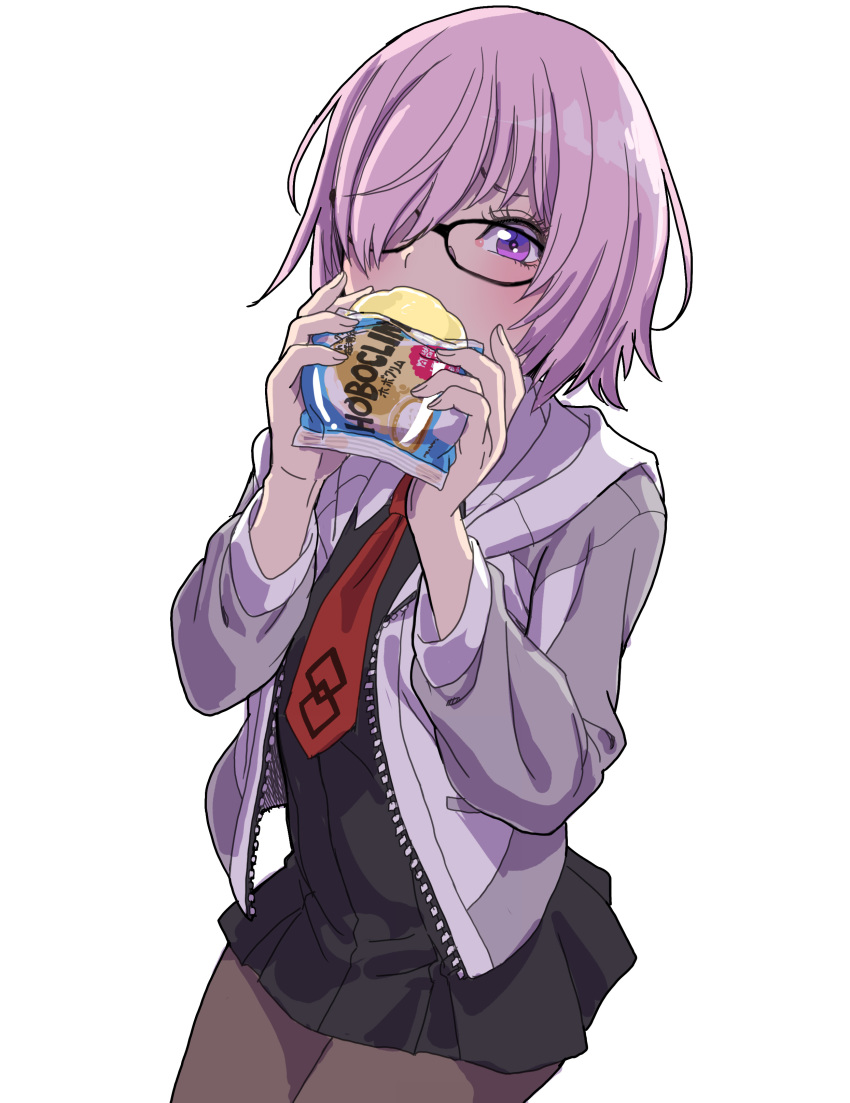 1girl absurdres black-framed_eyewear black_dress black_legwear collared_dress commentary cowboy_shot dress eating fate/grand_order fate_(series) food glasses grey_background hair_over_one_eye highres holding holding_food jacket looking_at_viewer mash_kyrielight necktie open_clothes open_jacket pantyhose pleated_dress purple_eyes purple_hair red_neckwear short_dress short_hair simple_background solo standing translation_request white_background yamashita_shun'ya