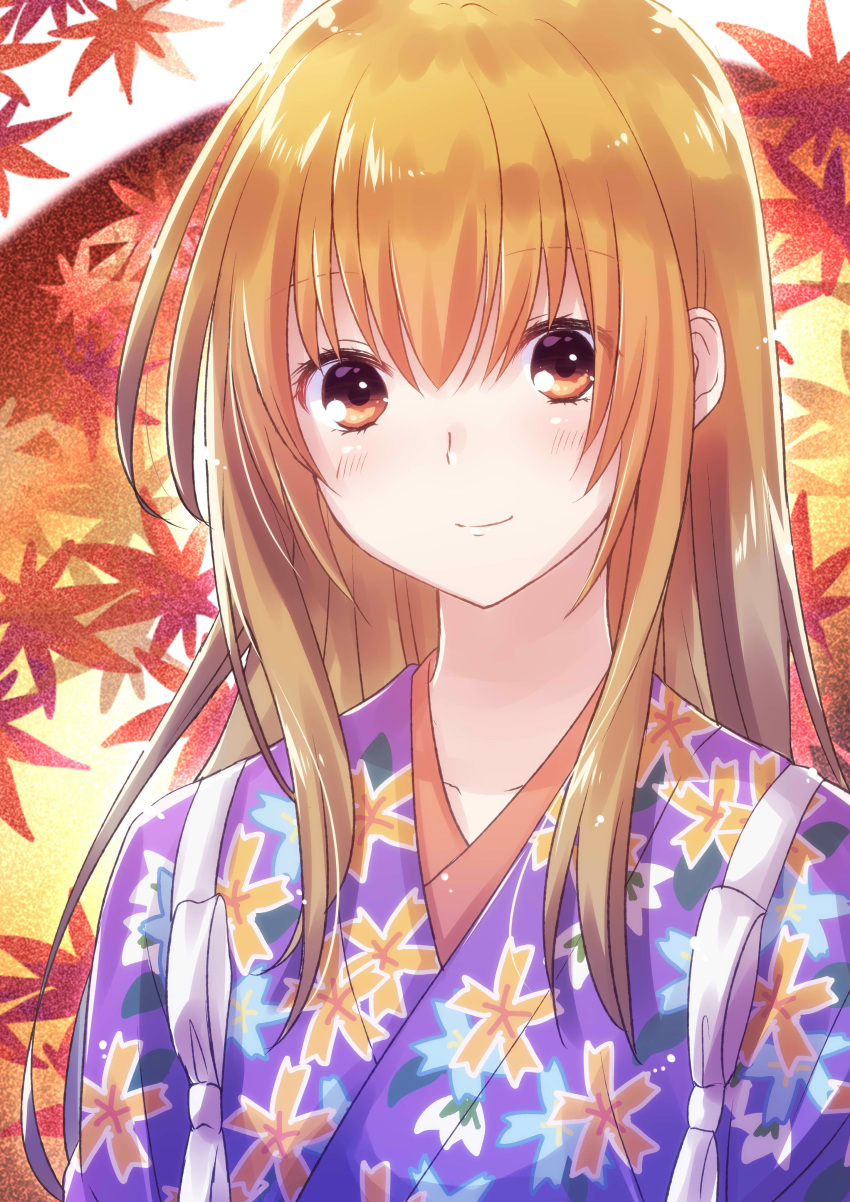 1girl absurdres ayase_chihaya brown_eyes brown_hair chihayafuru floral_print highres japanese_clothes kimono leaf long_hair nyaa_(nnekoron) purple_kimono smile solo tasuki upper_body