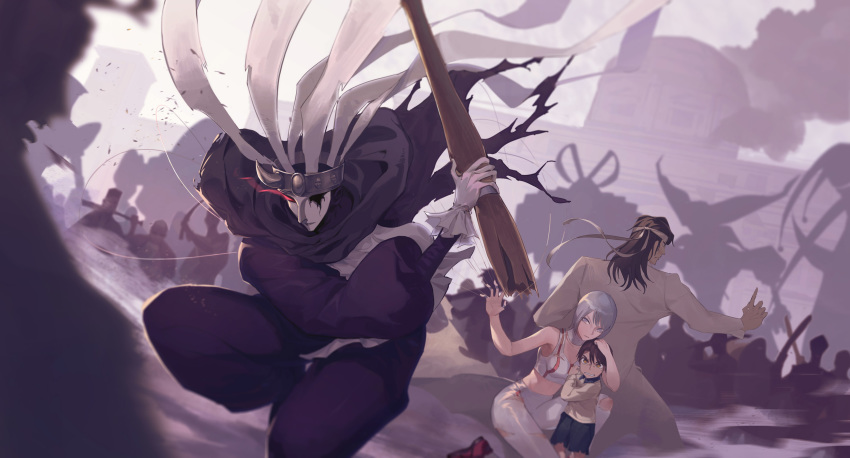 1girl 2boys battle brown_eyes brown_hair child crowd fighting_stance gen_(bividgen) gloves glowing glowing_eye grey_pants harlequin_(karakuri_circus) headband highres holding holding_weapon karakuri_circus katou_narumi long_hair midriff multiple_boys pants puppet red_eyes saiga_masaru shadow shirogane_(karakuri_circus) short_hair shorts silver_eyes silver_hair torn_clothes weapon white_gloves white_headband