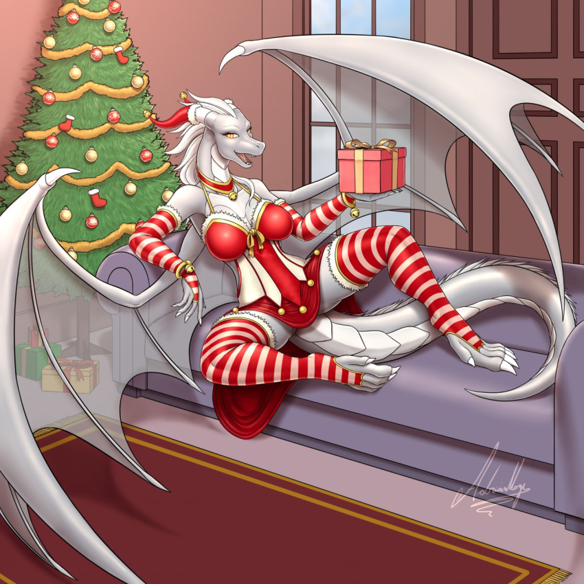 1:1 2019 anthro bell breasts christmas christmas_tree collar detailed_background door dragon female furniture gift growingdragon hair hi_res holding_object holidays inside lady_nora looking_at_viewer membrane_(anatomy) membranous_wings open_mouth open_smile reclining smile sofa solo tree twokinds webcomic white_body white_hair window wings yellow_eyes