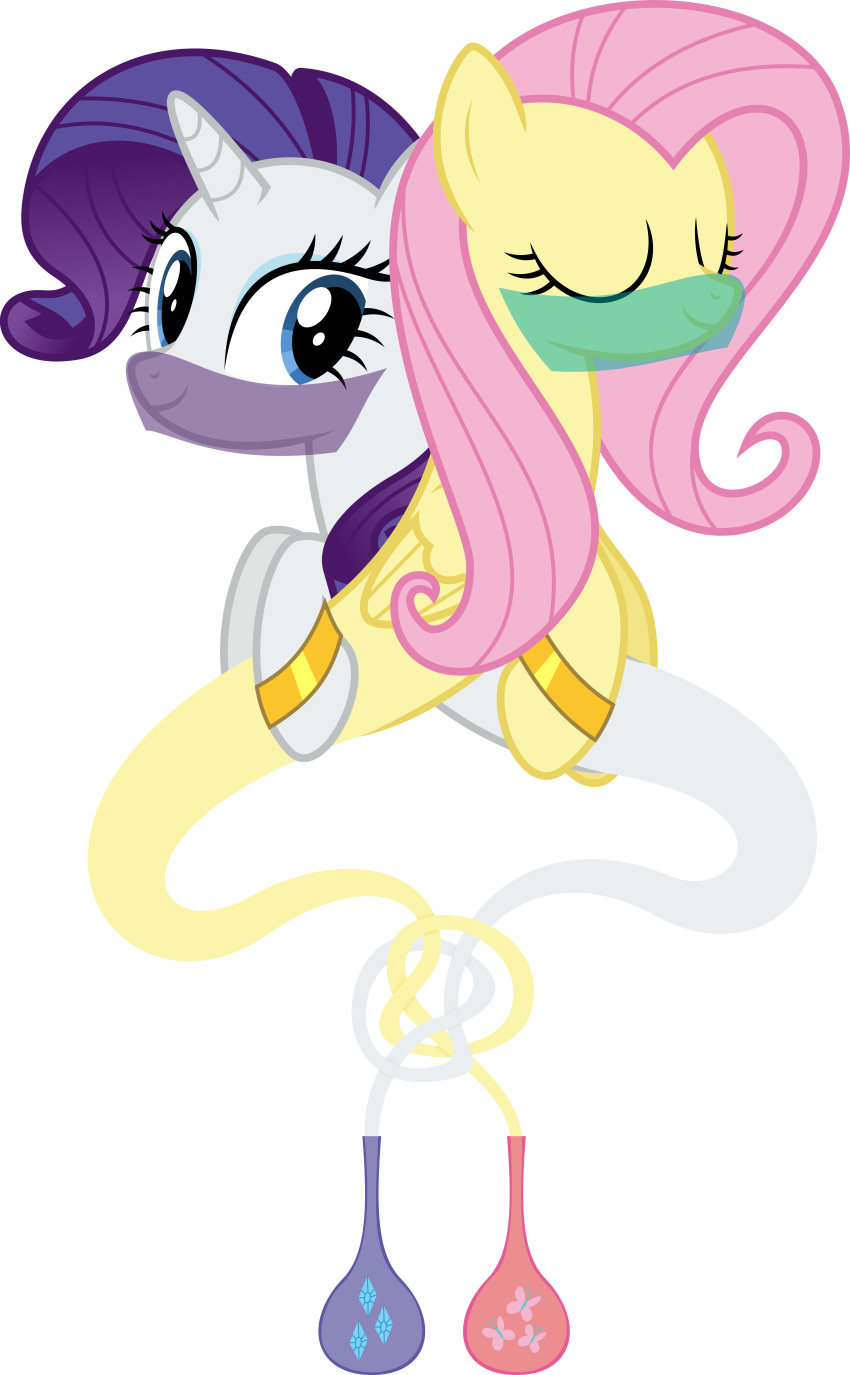 2017 absurd_res alpha_channel armband blue_eyes bottle bottomless carrying clothed clothing duo entangled equid equine eyes_closed female feral fluttershy_(mlp) friendship_is_magic genie gold_(metal) gold_jewelry hair happy hi_res horn jewelry mammal my_little_pony parclytaxel pink_hair pterippus purple_hair rarity_(mlp) simple_background smile superabsurd_res transparent_background unicorn veil white_body wings yellow_body
