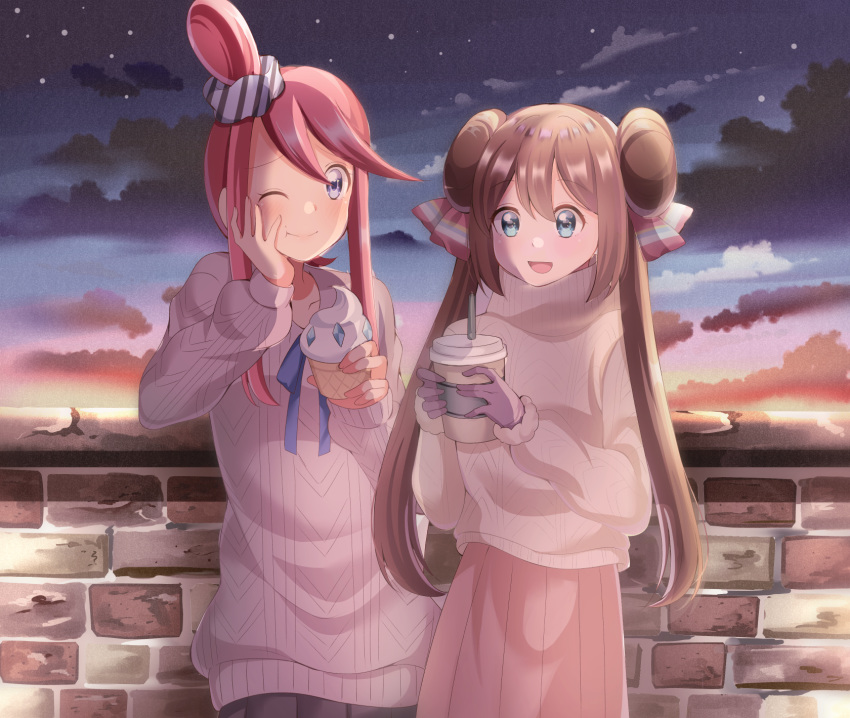 2girls :d ;t alternate_costume bangs black_skirt blue_eyes blue_ribbon brick_wall brown_hair casteliacone casual cloud cloudy_sky collarbone commentary_request cowboy_shot cup disposable_cup double_bun drinking_straw eyebrows_visible_through_hair fuuro_(pokemon) gloves hair_ornament hair_ribbon hair_scrunchie hand_on_own_cheek highres holding holding_cup long_hair long_sleeves looking_at_another mei_(pokemon) mikannjs multiple_girls neck_ribbon no_hat no_headwear open_mouth pink_skirt pokemon purple_eyes purple_gloves red_hair ribbon scrunchie sidelocks skirt sky smile standing star_(sky) starry_sky sweater swept_bangs turtleneck turtleneck_sweater twilight twintails very_long_hair