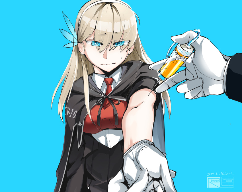 absurdres bare_arms black_cape blue_eyes breasts cape feather_hair_ornament gloves highres injection large_breasts lexington_(cv-16)_(warship_girls_r) long_hair necktie outstretched_arm pill richard_rii shirt silver_hair steelblue_mirage syringe warship_girls_r white_gloves white_shirt