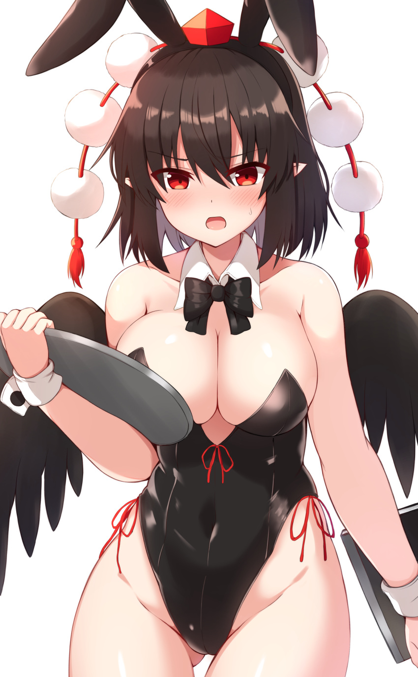 1girl absurdres alternate_costume animal_ears ass_visible_through_thighs bangs bare_arms bare_shoulders black_bow black_hair black_leotard black_neckwear black_wings blush book bow bowtie breasts bunny_ears bunnysuit cleavage commentary_request covered_navel cowboy_shot detached_collar fake_animal_ears feathered_wings groin hair_between_eyes hand_up hat highres holding holding_book holding_tray large_breasts leotard looking_at_viewer open_mouth pointy_ears pom_pom_(clothes) red_eyes shameimaru_aya short_hair simple_background solo standing strapless strapless_leotard tassel tksand tokin_hat touhou tray white_background wings