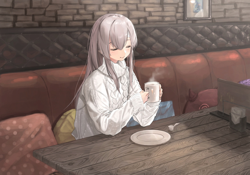 1girl cable_knit closed_eyes commentary_request cup grey_hair hair_between_eyes highres holding_drink idolmaster idolmaster_shiny_colors long_sleeves mug pillow plate polka_dot seisei_tamago sitting smile solo steam sweater table wooden_table yuukoku_kiriko