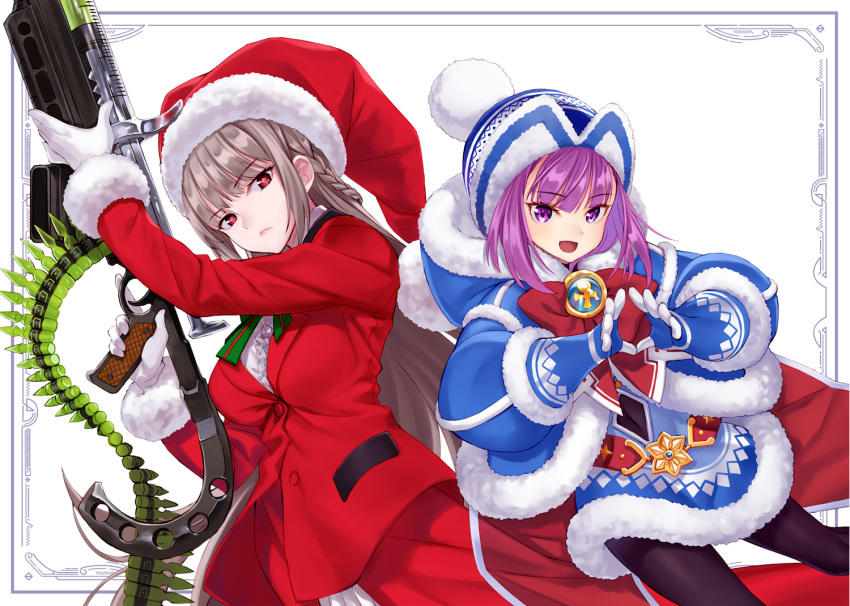 2girls ammunition_belt blue_dress blue_gloves bow braid dress fate/grand_order fate/grand_order_arcade fate_(series) florence_nightingale_(fate/grand_order) florence_nightingale_santa_(fate/grand_order) gloves gun hat helena_blavatsky_(christmas)_(fate) helena_blavatsky_(fate/grand_order) long_hair matsuryuu multiple_girls pantyhose pink_hair pom_pom_(clothes) purple_eyes purple_hair red_dress red_eyes santa_hat syringe trigger_discipline weapon white_gloves