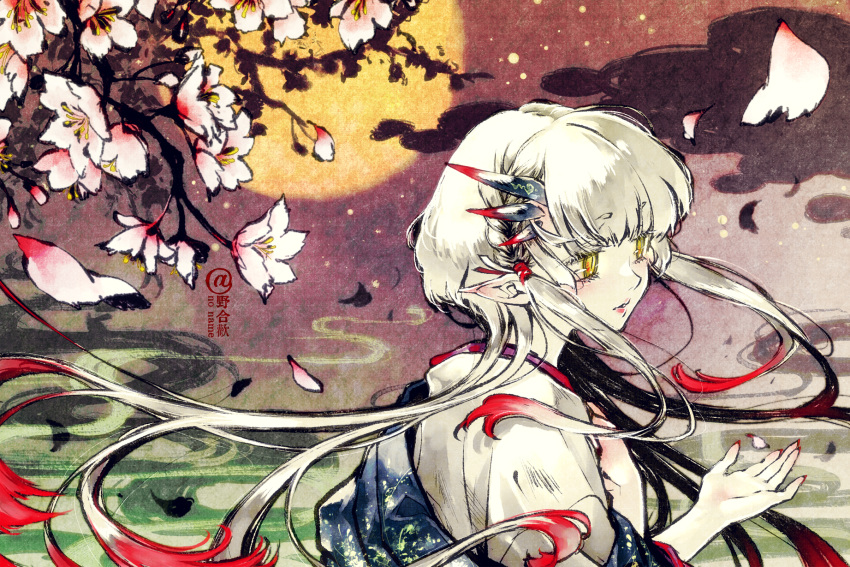 1girl bangs blush cloud eyebrows_visible_through_hair flower highres japanese_clothes kimono long_hair no_nm_00 oni original outdoors pale_skin petals pointy_ears red_nails solo standing upper_body very_long_hair watermark white_hair yellow_eyes