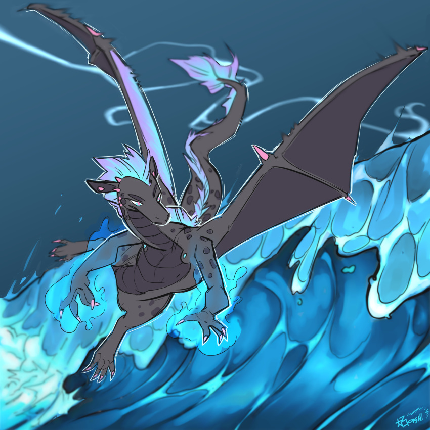dragon hi_res lightening magic o-ishi solo tidal_wave water wings