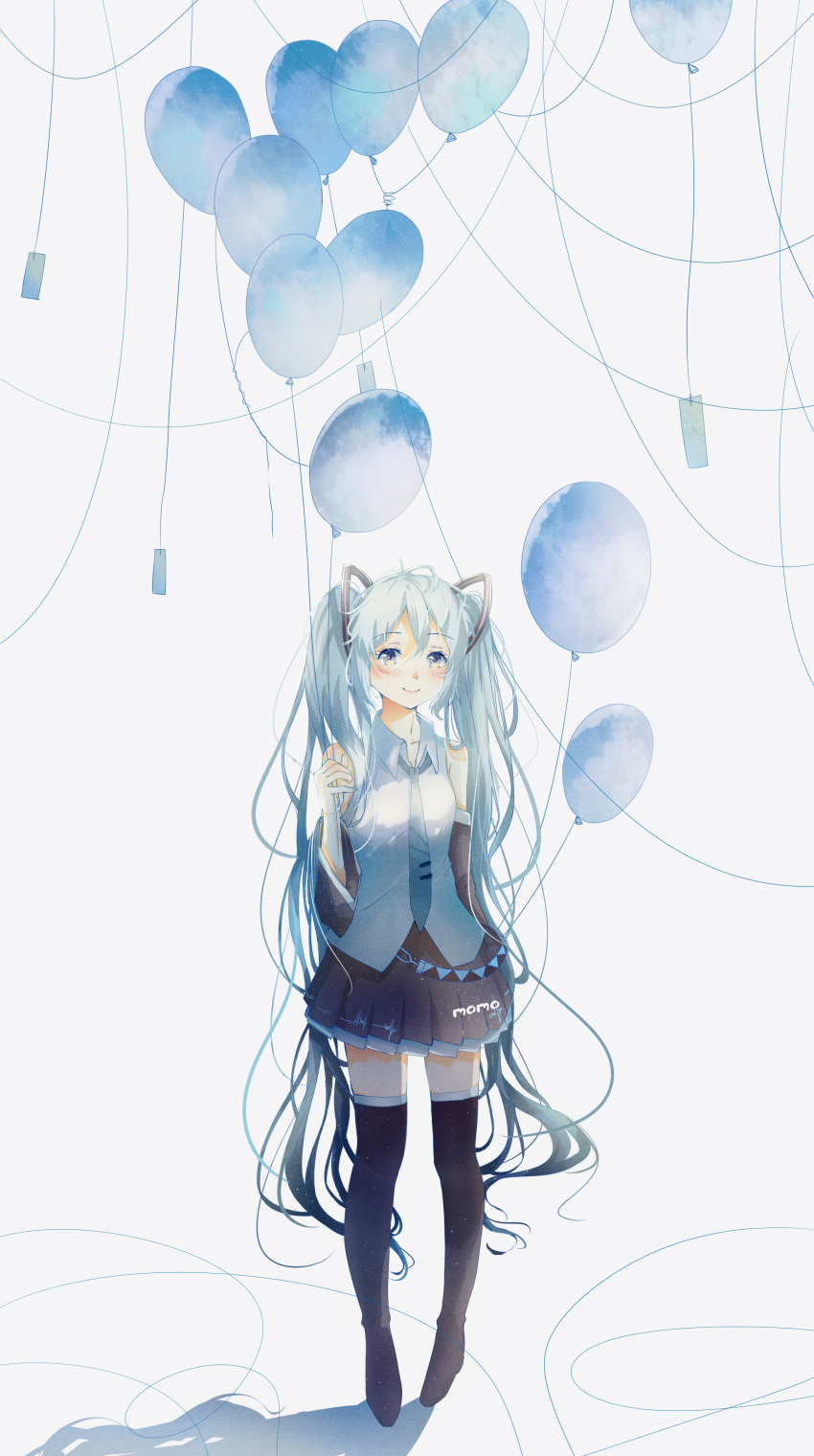 1girl absurdres aqua_eyes aqua_hair aqua_neckwear balloon bare_shoulders black_legwear black_skirt black_sleeves blush boots commentary detached_sleeves english_commentary full_body hair_ornament hand_up hatsune_miku highres holding_balloon long_hair looking_at_viewer necktie paper shadow shirt skirt sleeveless sleeveless_shirt smile solo standing string thigh_boots thighhighs twintails very_long_hair vocaloid white_background white_shirt youxiaomo zettai_ryouiki