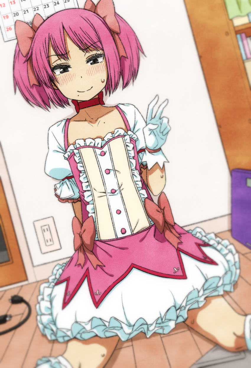 1boy blush bubble_skirt choker electric_socket eyelashes frilled_sleeves frills gloves grey_eyes hair_ribbon highres kaname_madoka looking_at_viewer magical_girl mahou_shoujo_madoka_magica male_focus mikusu otoko_no_ko pink_eyes pink_hair pink_ribbon puffy_short_sleeves puffy_sleeves red_choker red_neckwear ribbon short_sleeves short_twintails sitting_on_floor skirt solo sweat twintails v white_gloves white_skirt