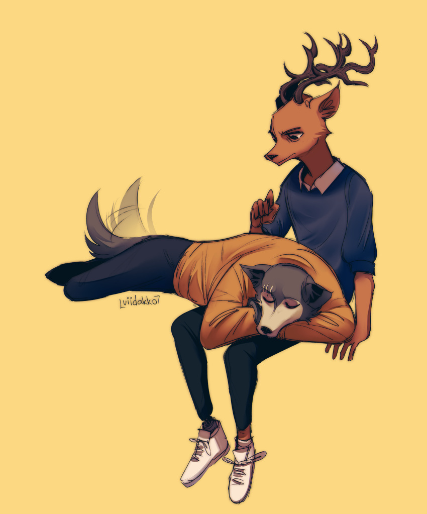 absurd_res anthro antlers beastars bottomwear brown_body brown_fur canid canine canis cervid cheek_tuft clothed clothing duo eyes_closed facial_tuft footwear fully_clothed fur grey_body grey_fur hi_res horn inner_ear_fluff legoshi_(beastars) louis_(beastars) mammal pants scar shirt shoes simple_background sitting tailwag topwear tuft viidakko wolf yellow_background