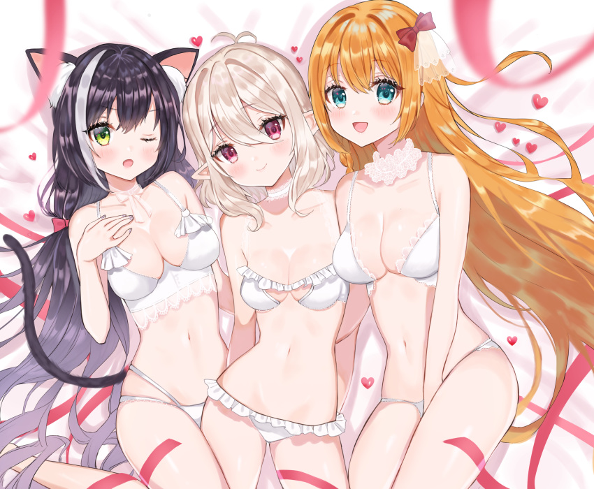 3girls :d ;o absurdres animal_ear_fluff animal_ears antenna_hair bangs bed_sheet between_legs black_hair blue_eyes blush bow bra breasts cat_ears cleavage closed_mouth commentary_request eyebrows_visible_through_hair fang frilled_bra frilled_panties frills green_eyes hair_between_eyes hand_between_legs heart highres kokkoro_(princess_connect!) kyaru_(princess_connect) light_brown_hair looking_at_viewer lying medium_breasts multi-strapped_panties multicolored_hair multiple_girls navel on_back one_eye_closed open_mouth orange_hair panties pecorine princess_connect! princess_connect!_re:dive red_bow red_eyes small_breasts smile streaked_hair underwear underwear_only white_bra white_hair white_panties yuyu_(piko01)