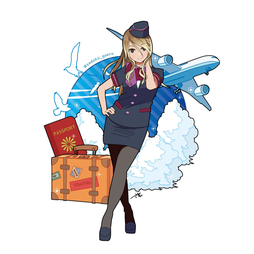 1girl aircraft airplane artist_name bird blonde_hair brown_eyes brown_hair buttons cloud crossed_legs dress_shirt flight_attendant garrison_cap gradient_hair hand_on_hip hand_on_own_neck hat high_heels highres idolmaster idolmaster_shiny_colors izumi_mei long_hair looking_at_viewer multicolored_hair neck_ribbon pantyhose passport pencil_skirt ribbon shirt signature skirt smile solo standing stewardess suitcase tan twitter_username yadokugaeru