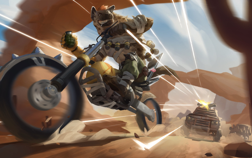 16:10 2018 absurd_res anthro canid canine car clothed clothing cody_soh digital_media_(artwork) driving explosives fur grenade grin gun hair hi_res hyaenid looking_back mad_max male mammal motorcycle outside ranged_weapon smile solo spotted_hyena teeth vehicle weapon